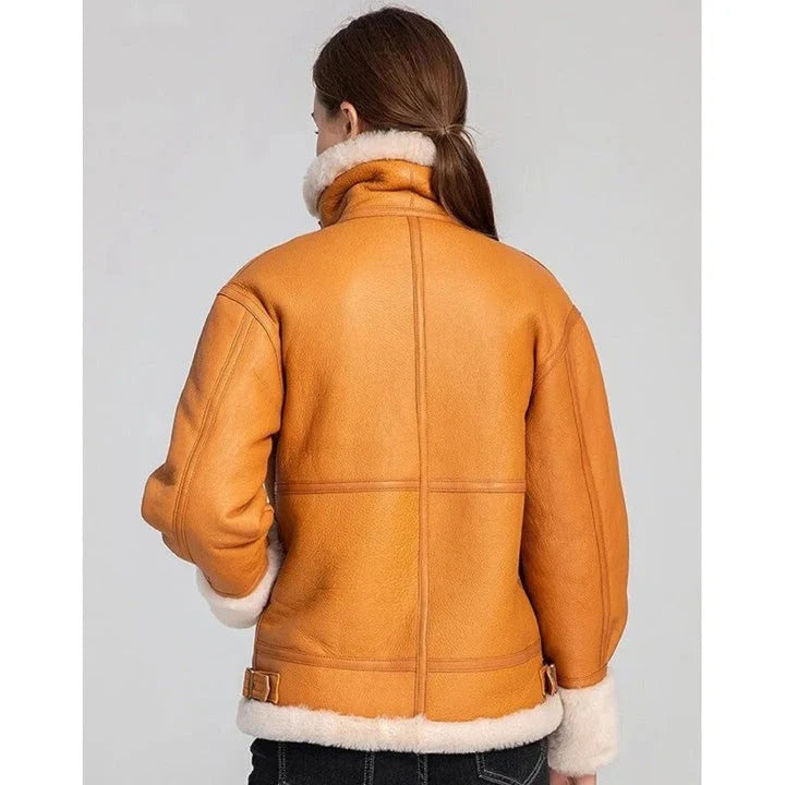 Women's Tan Brown B3 Bomber Leather Shearling Fur Flight Jacket