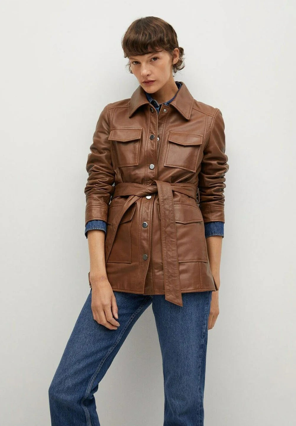 Women’s Tan Brown Leather Short Trench Coat