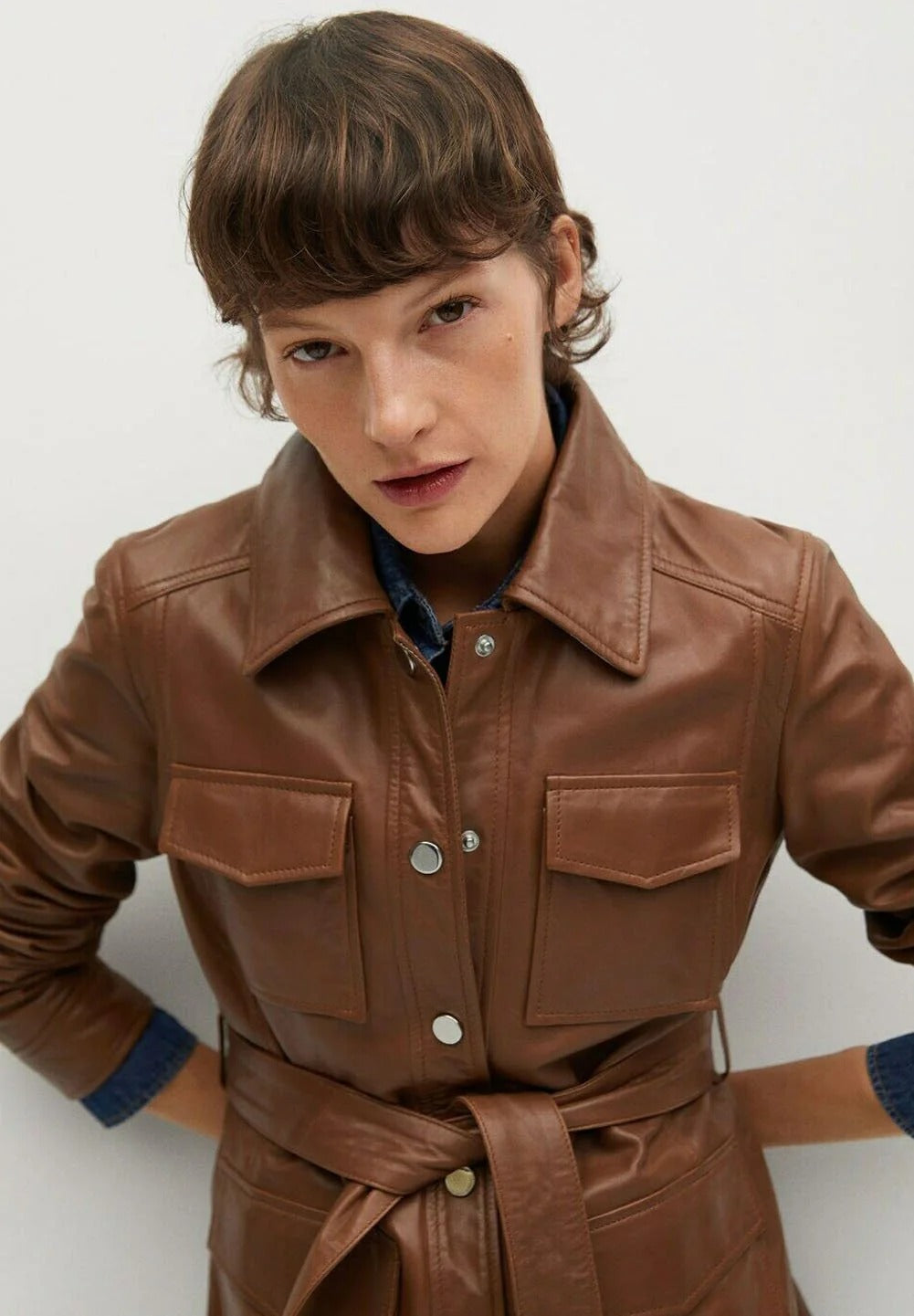 Women’s Tan Brown Leather Short Trench Coat
