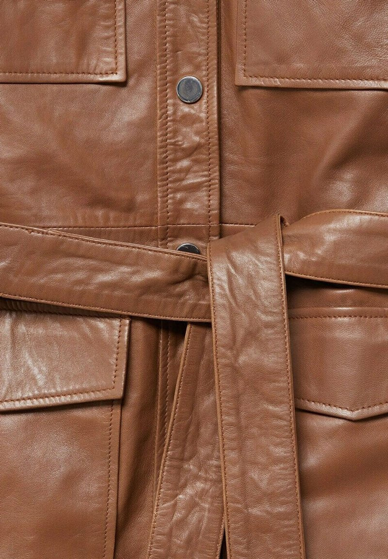 Women’s Tan Brown Leather Short Trench Coat
