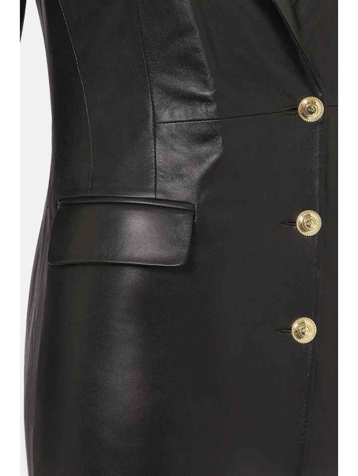 Women’s Trendy Black Golden Buttoned Leather Trench Coat