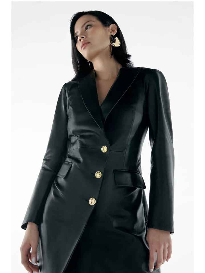 Women’s Trendy Black Golden Buttoned Leather Trench Coat