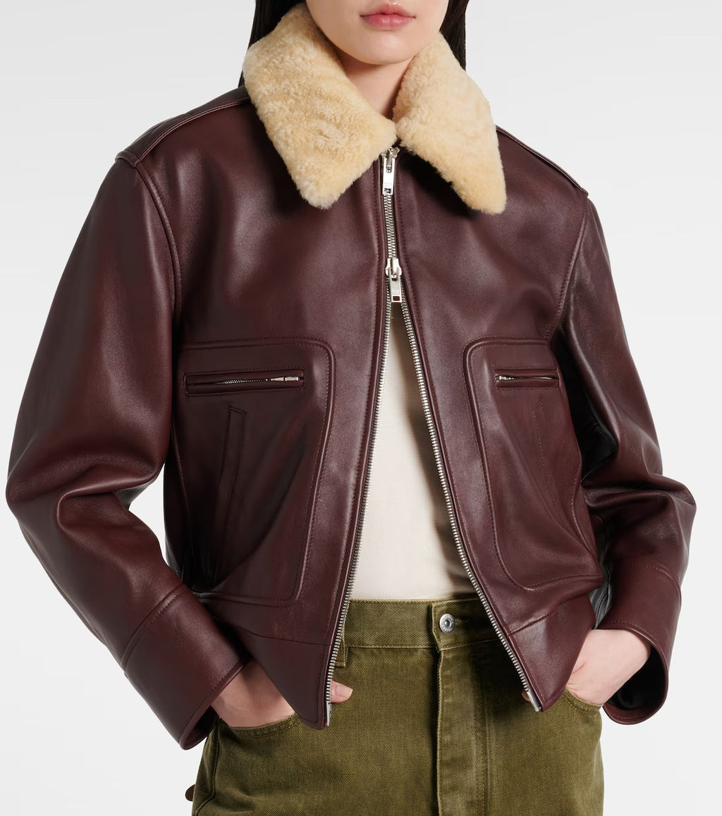 Women's Trimmed Aviator Bomber Leather Jacket