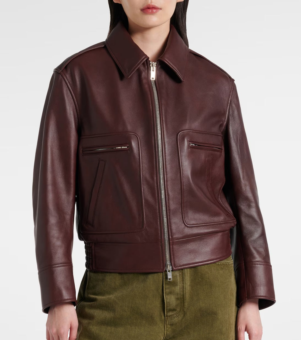 Women's Trimmed Aviator Bomber Leather Jacket