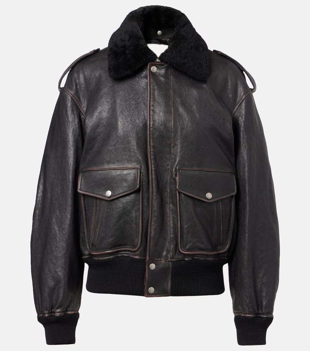 Women's Trimmed Black Aviator Bomber Leather Jacket