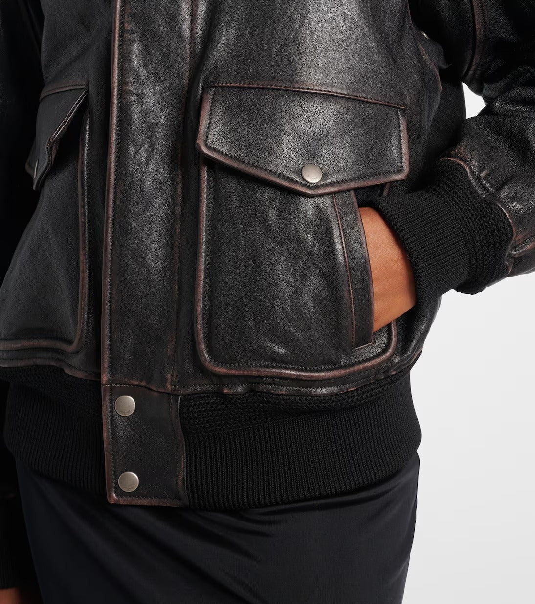 Women's Trimmed Black Aviator Bomber Leather Jacket