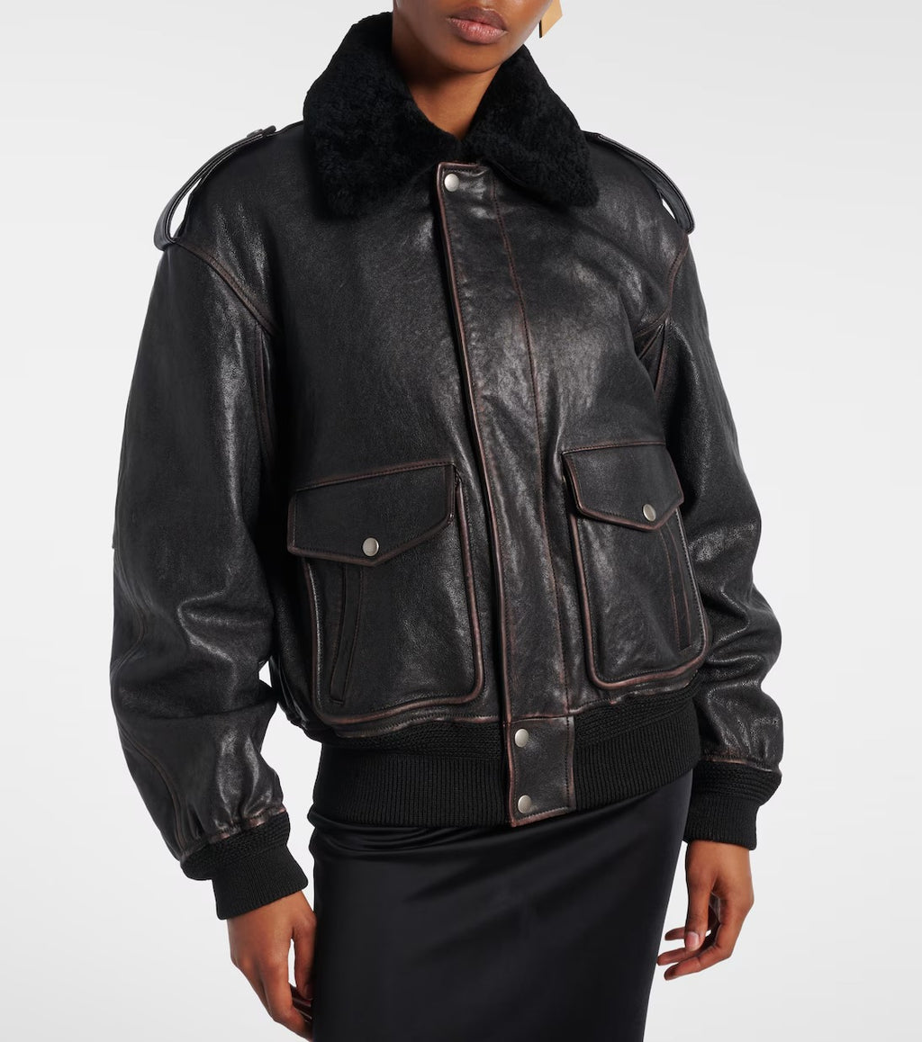 Women's Trimmed Black Aviator Bomber Leather Jacket