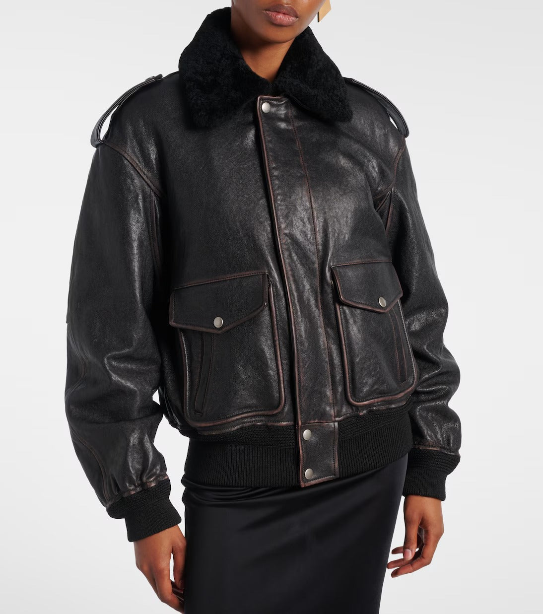 Women's Trimmed Black Aviator Bomber Leather Jacket