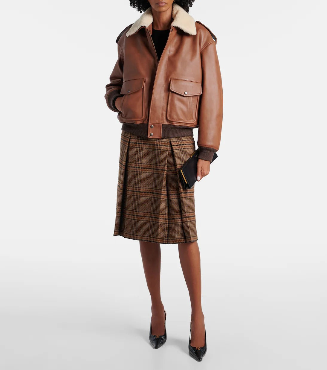 Women's Trimmed Brown Aviator Bomber Leather Jacket