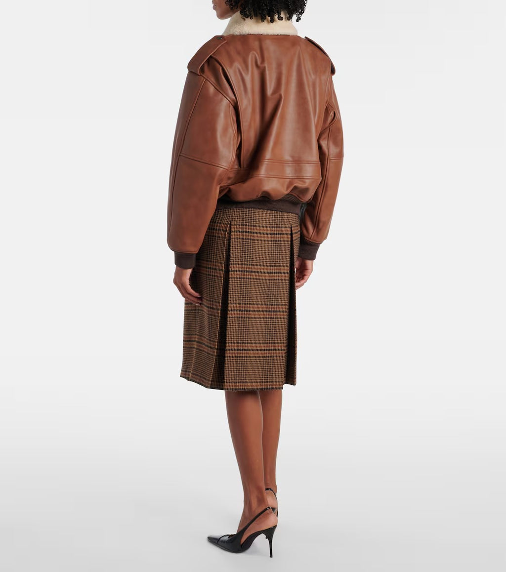 Women's Trimmed Brown Aviator Bomber Leather Jacket