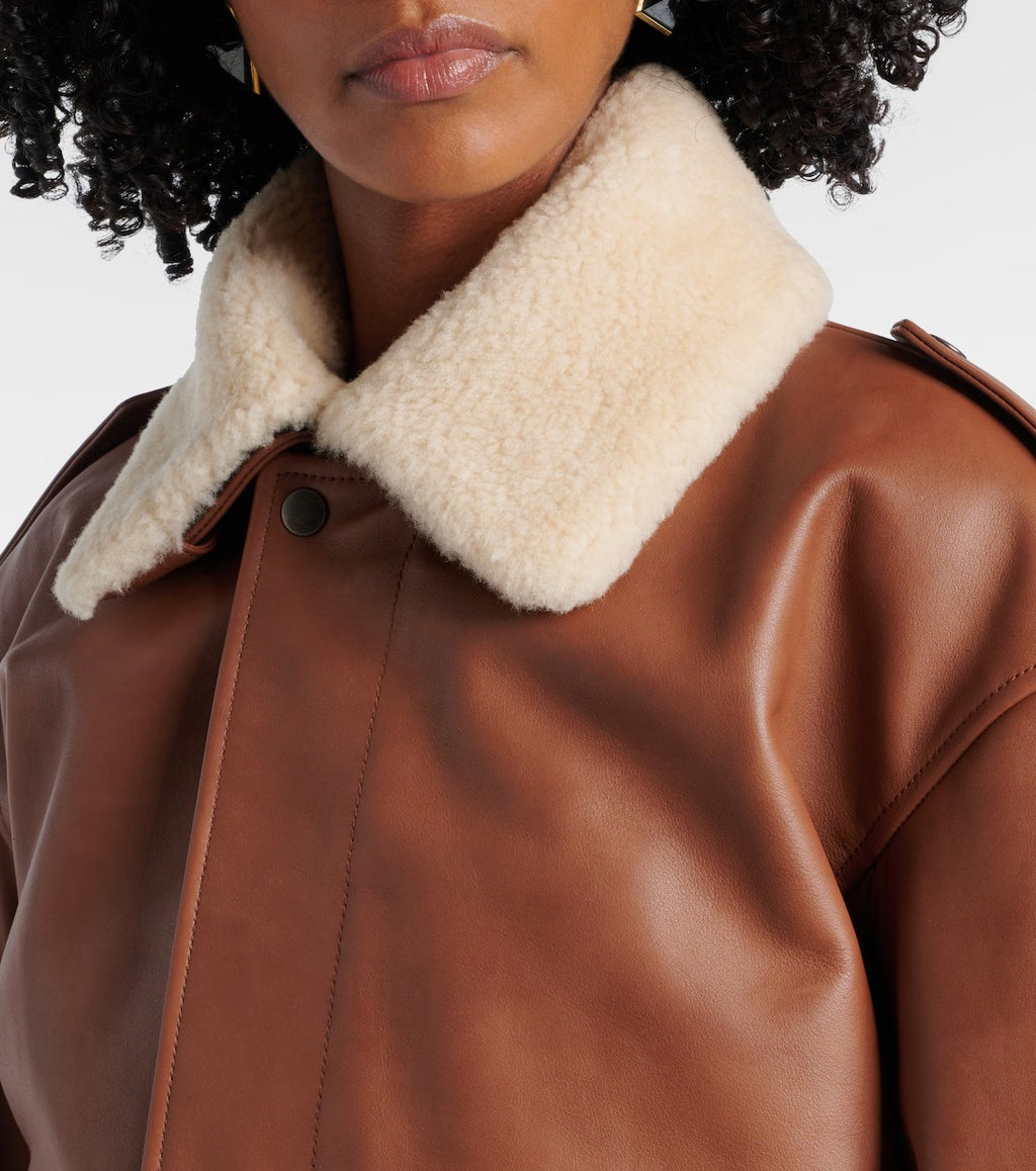 Women's Trimmed Brown Aviator Bomber Leather Jacket