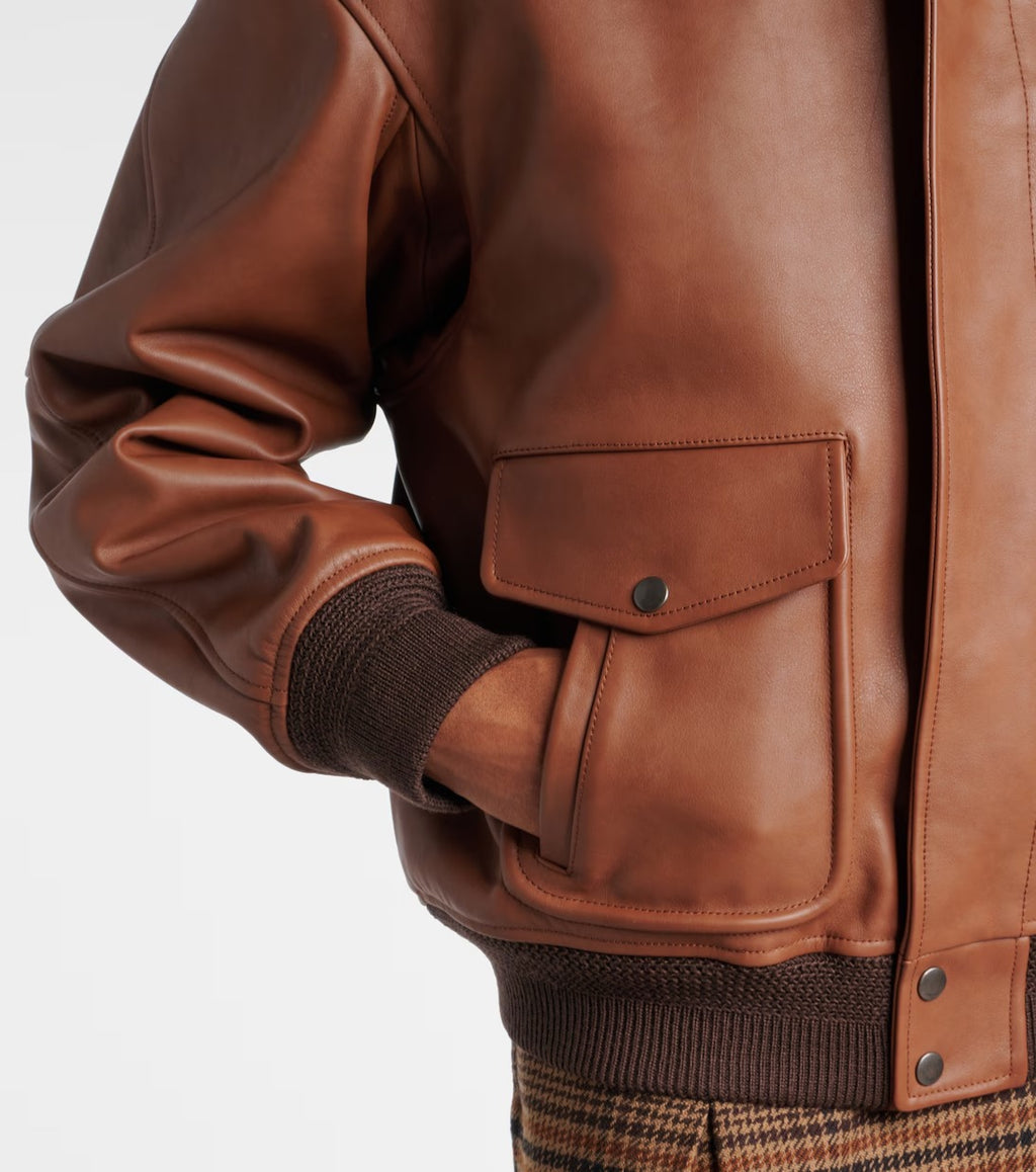Women's Trimmed Brown Aviator Bomber Leather Jacket