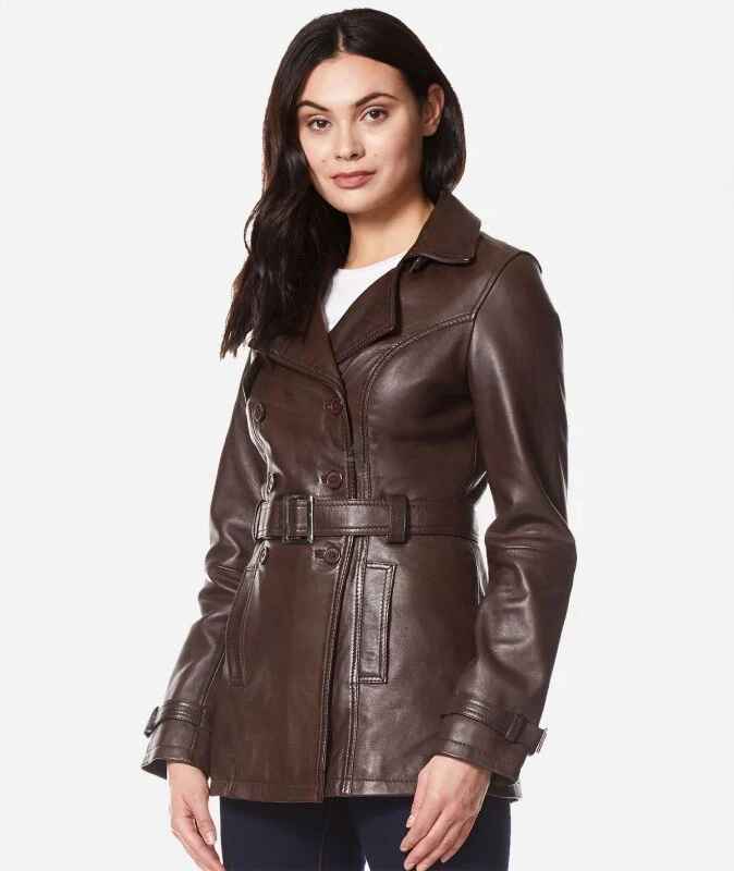Women's VENICE Double Breasted Leather Short Trench Coat