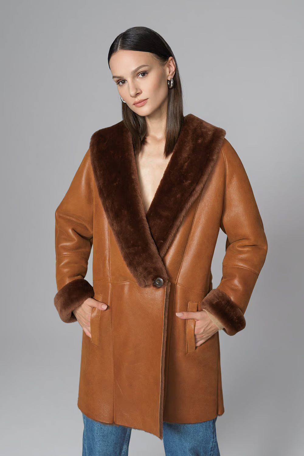 Women's V Style Fox Fur & Shearling Leather Coat