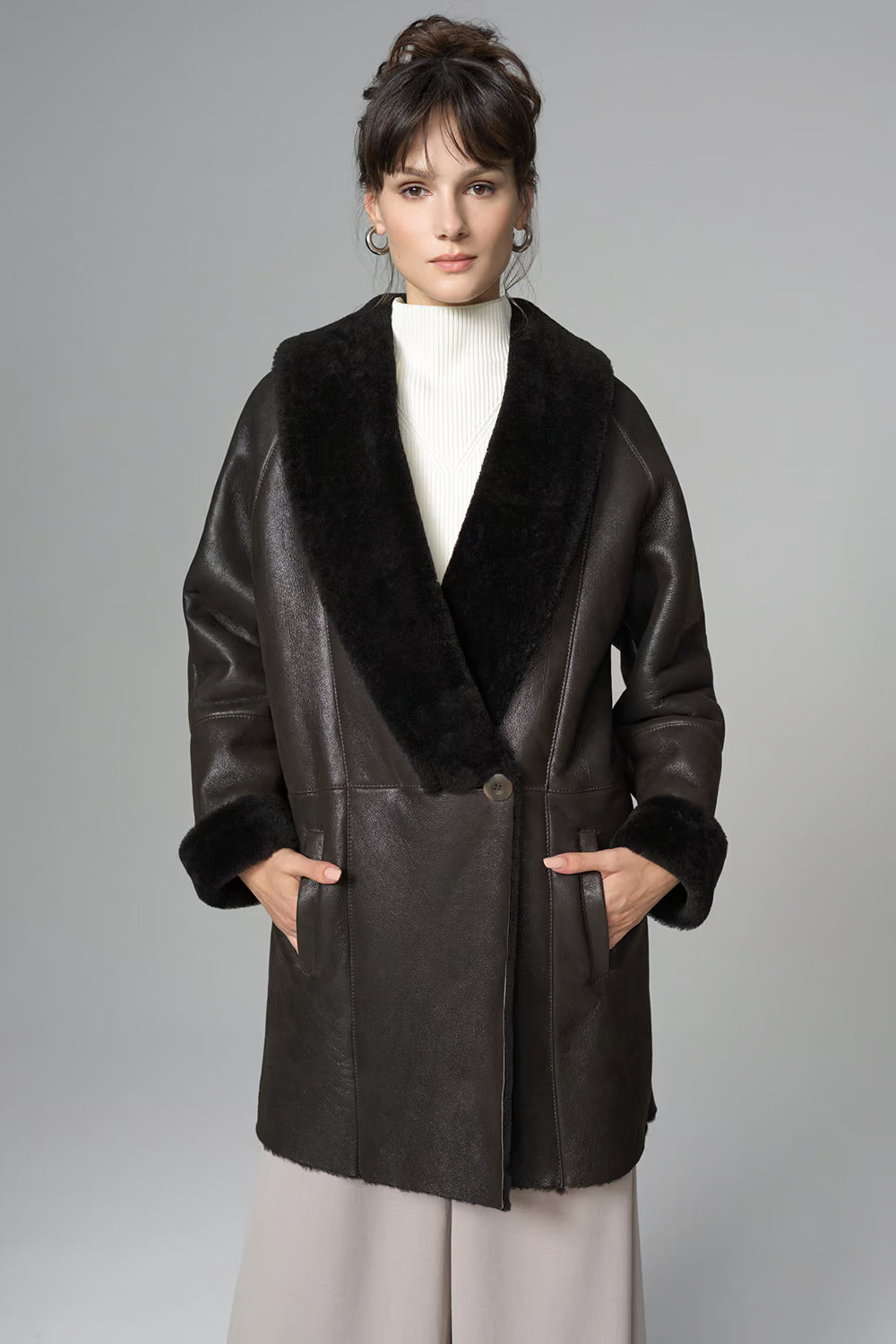 Women's V Style Fox Fur & Shearling Leather Coat