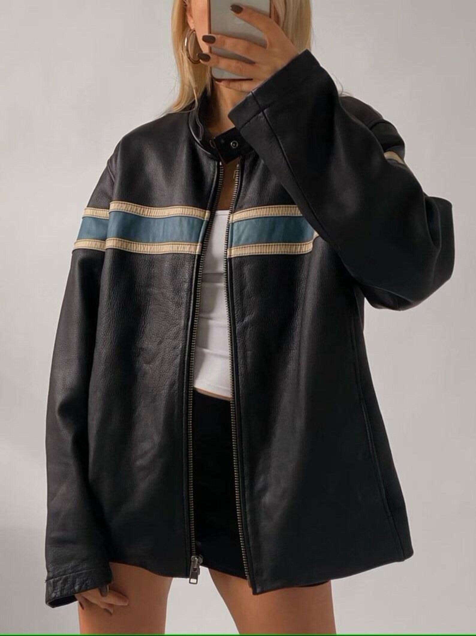 Women's Vintage Straight Blue Stripped Chest And Sleeves Oversized Leather jacket