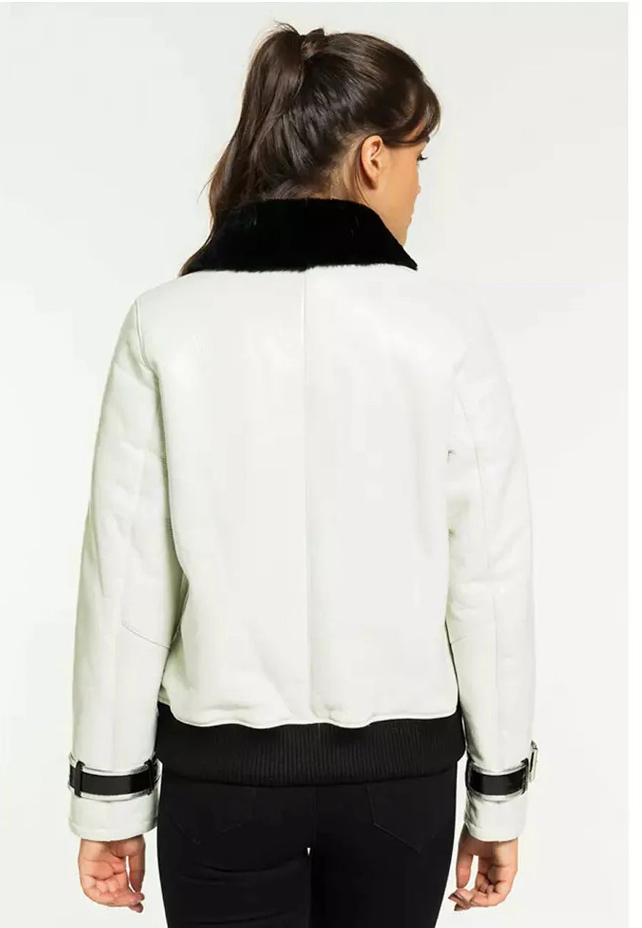 Women’s White Collared Leather Shearling Jacket