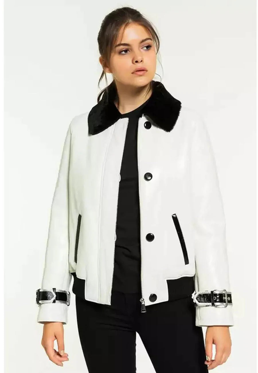 Women’s White Collared Leather Shearling Jacket