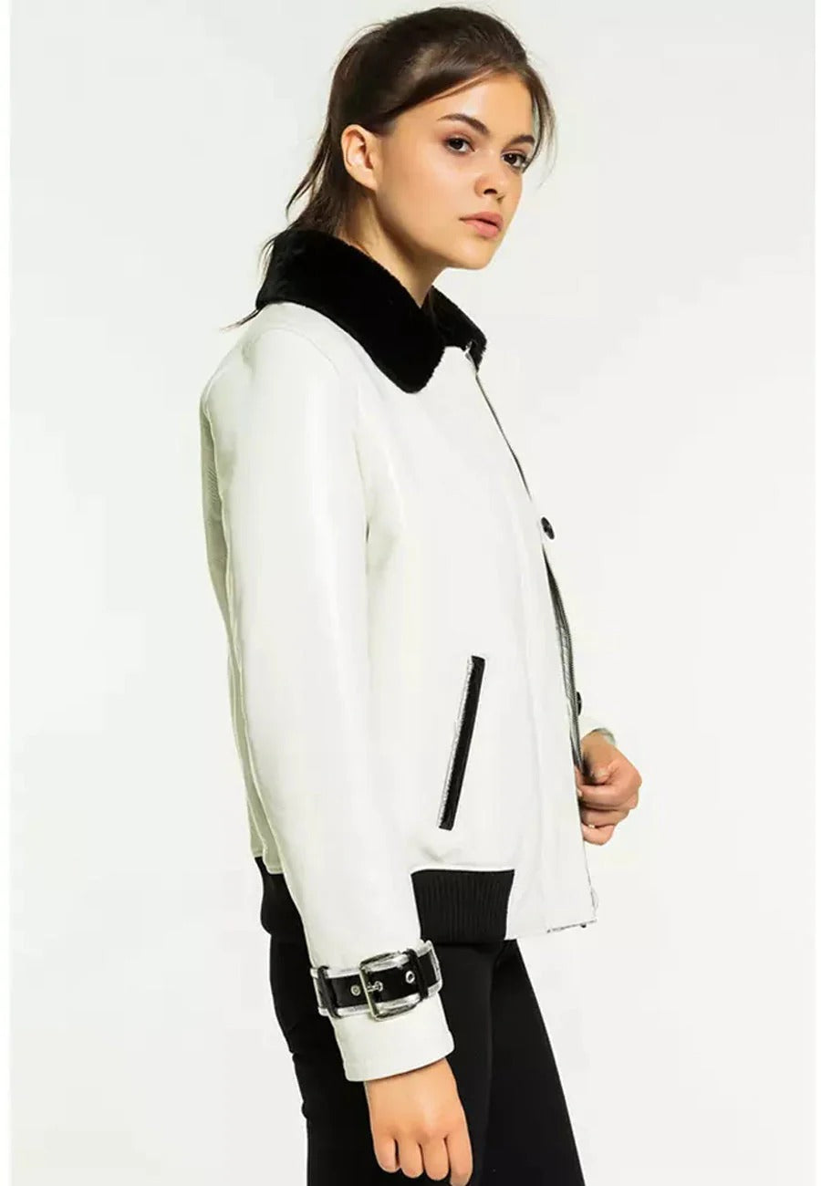 Women’s White Collared Leather Shearling Jacket