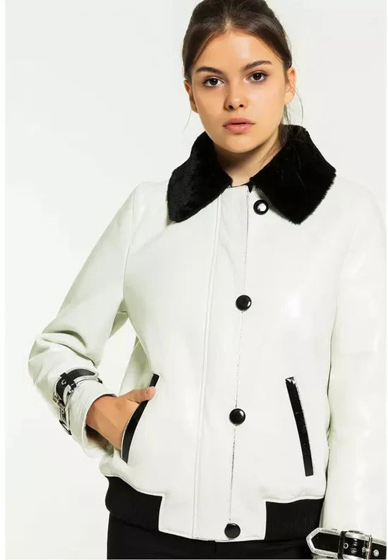 Women’s White Collared Leather Shearling Jacket