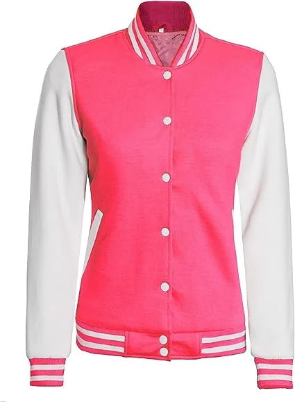 Women's White and Pink Varsity Jacket - Baseball Bomber Style