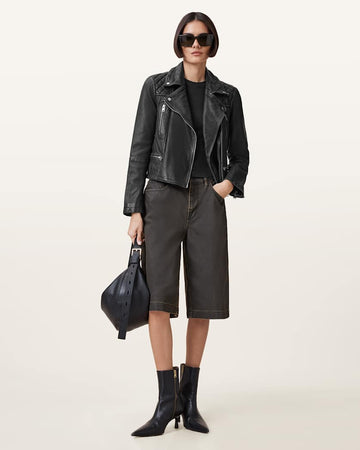 Damen-Bikerjacke aus Leder mit Reißverschlussmanschetten