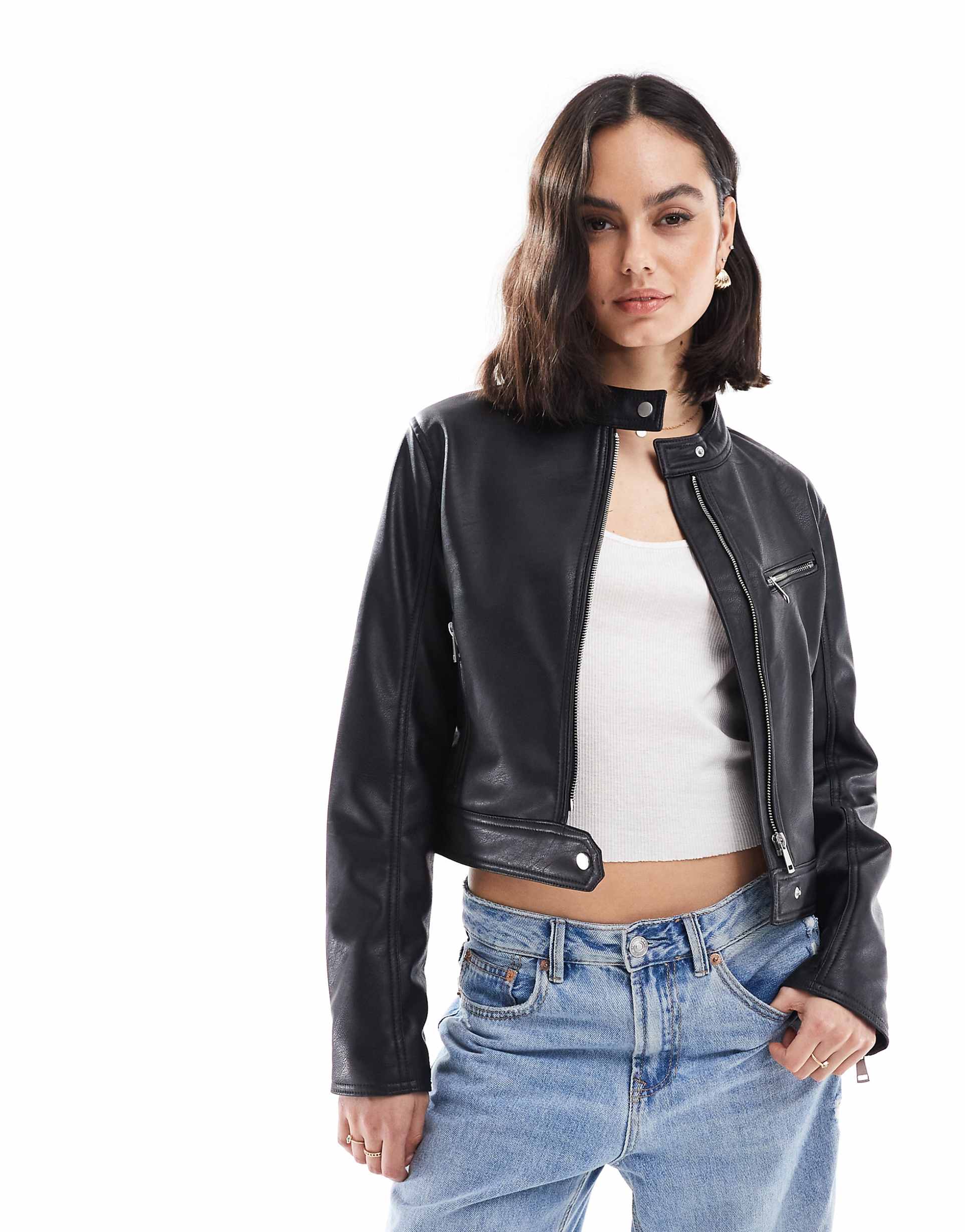 Women's Zipped Cuff Collar Leather Jacket