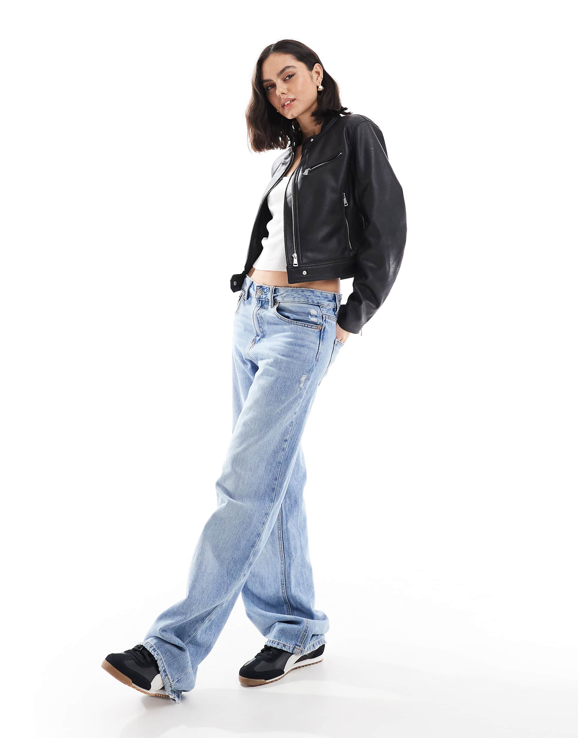 Women's Zipped Cuff Collar Leather Jacket