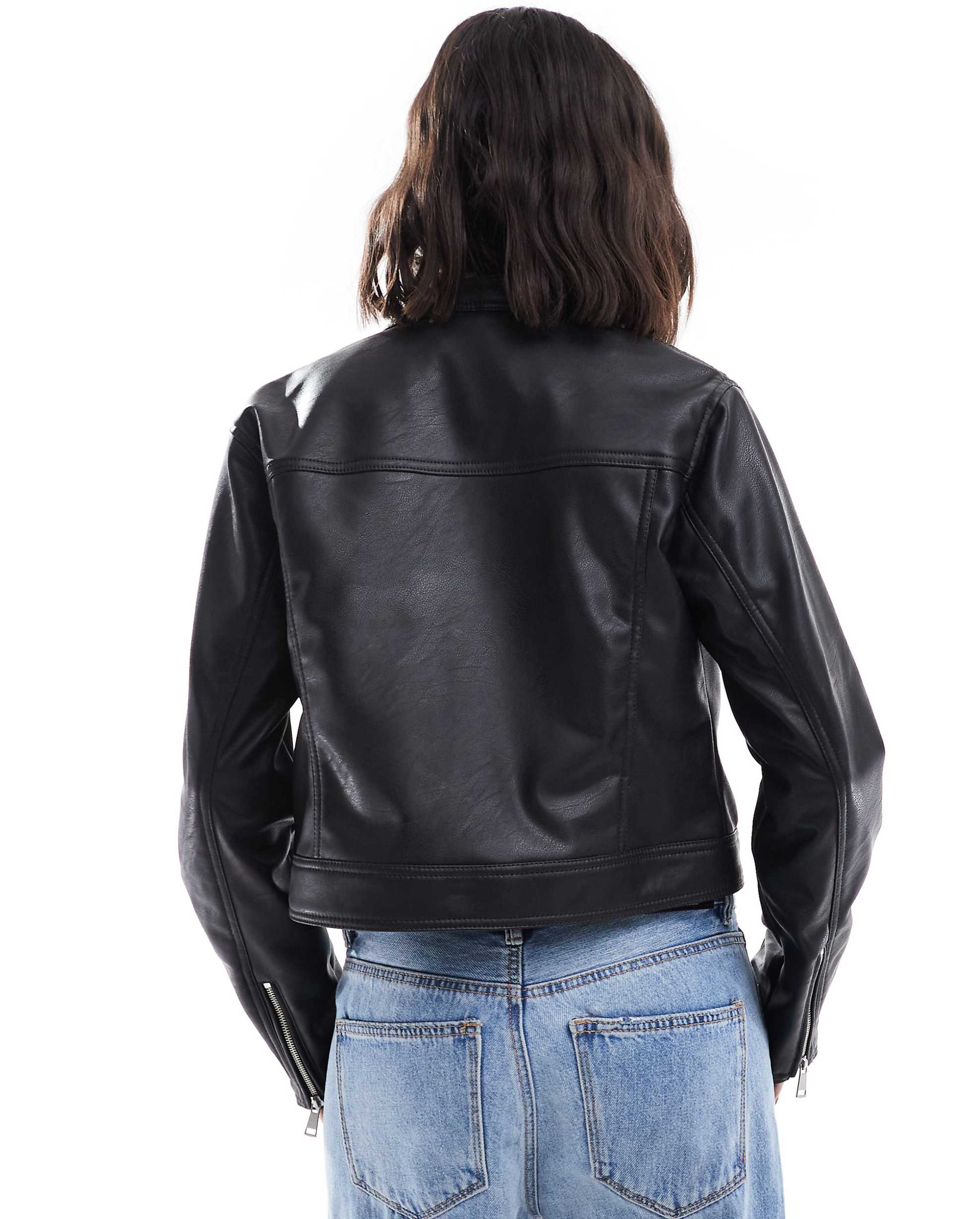 Women's Zipped Cuff Collar Leather Jacket