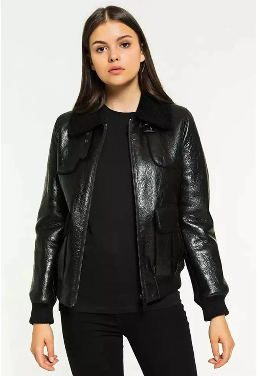 Women’s Black One Inner Pocket Sheepskin Leather Shearling Jacket