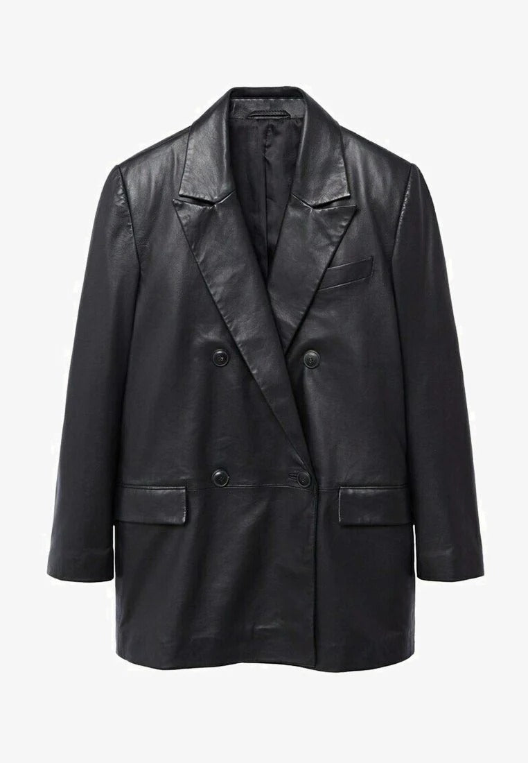 Women’s Black Oversized Fit Single Button Closure Leather Coat