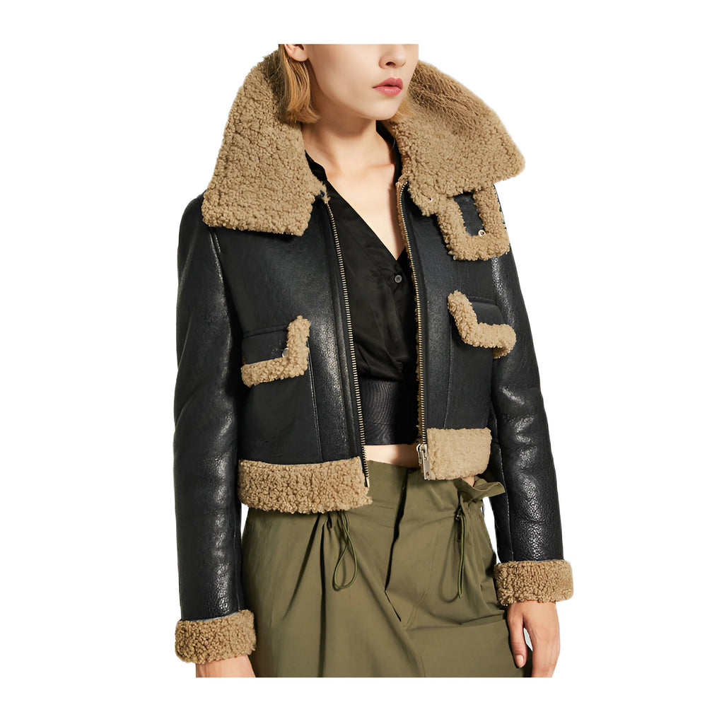 Women's Black B3 Collared Sheepskin Shearling Leather Jacket
