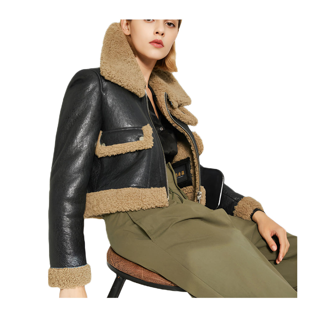 Women's Black B3 Collared Sheepskin Shearling Leather Jacket
