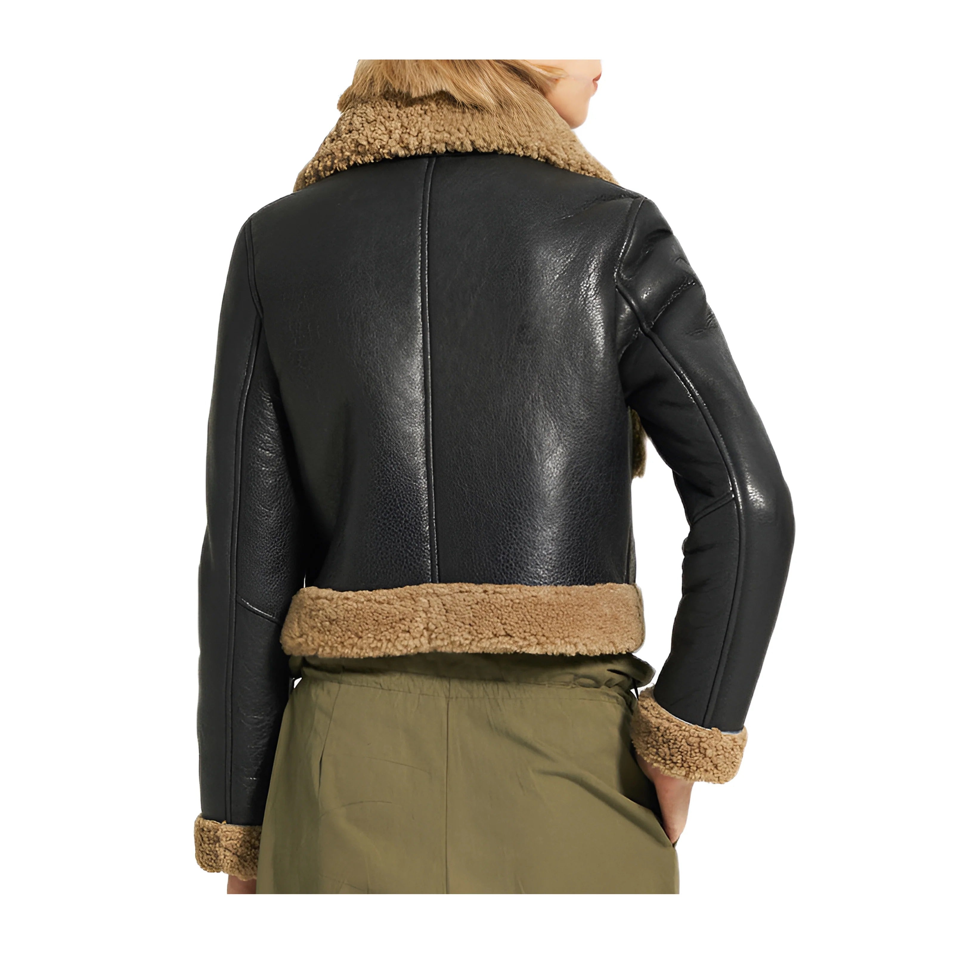 Women's Black B3 Collared Sheepskin Shearling Leather Jacket