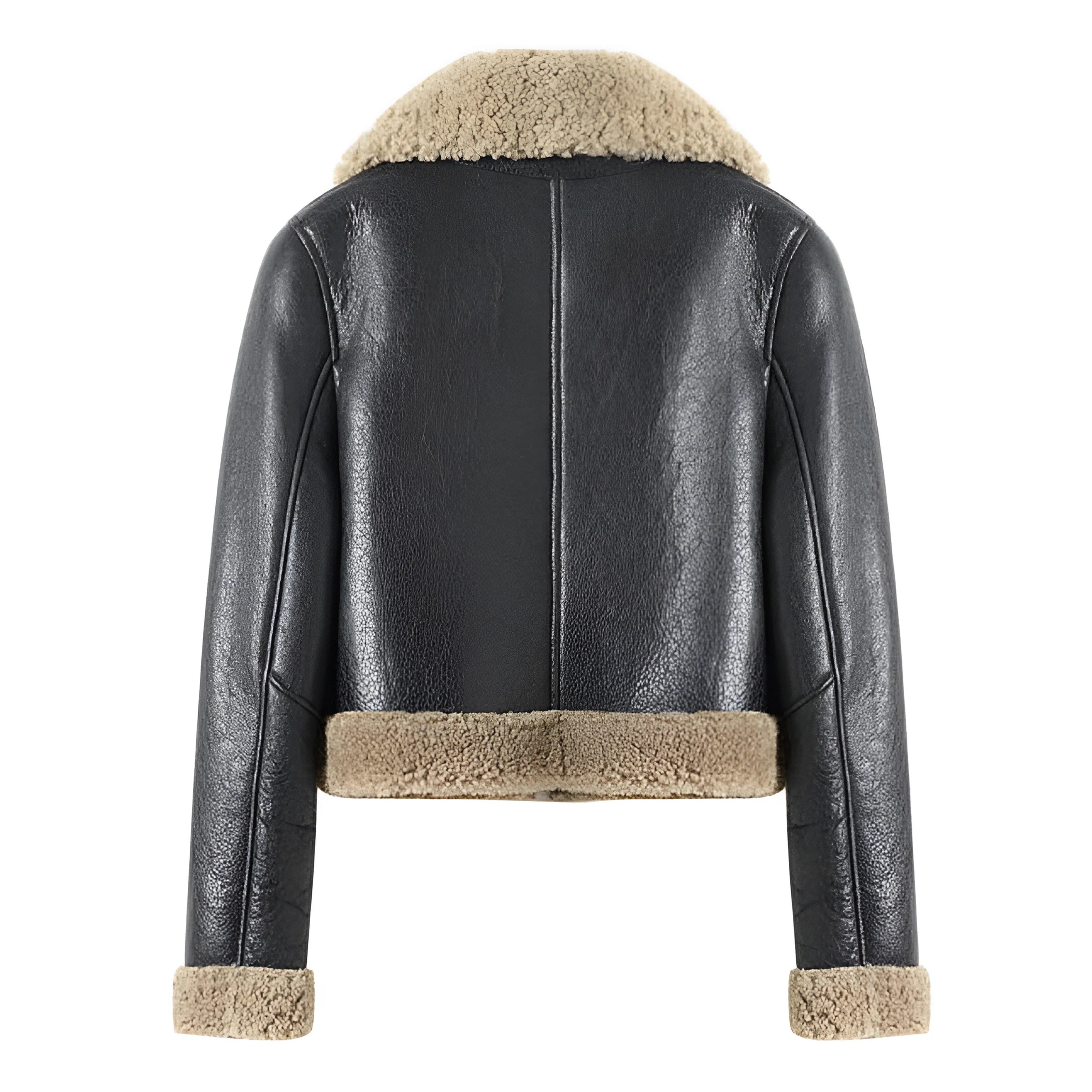 Women's Black B3 Collared Sheepskin Shearling Leather Jacket