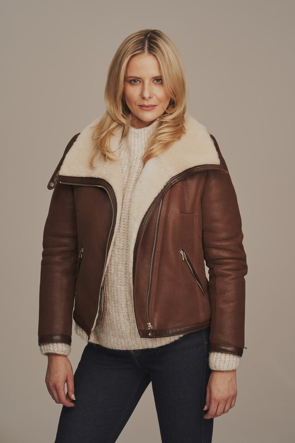 Women's Brown Leather Sheepskin Shearling jacket