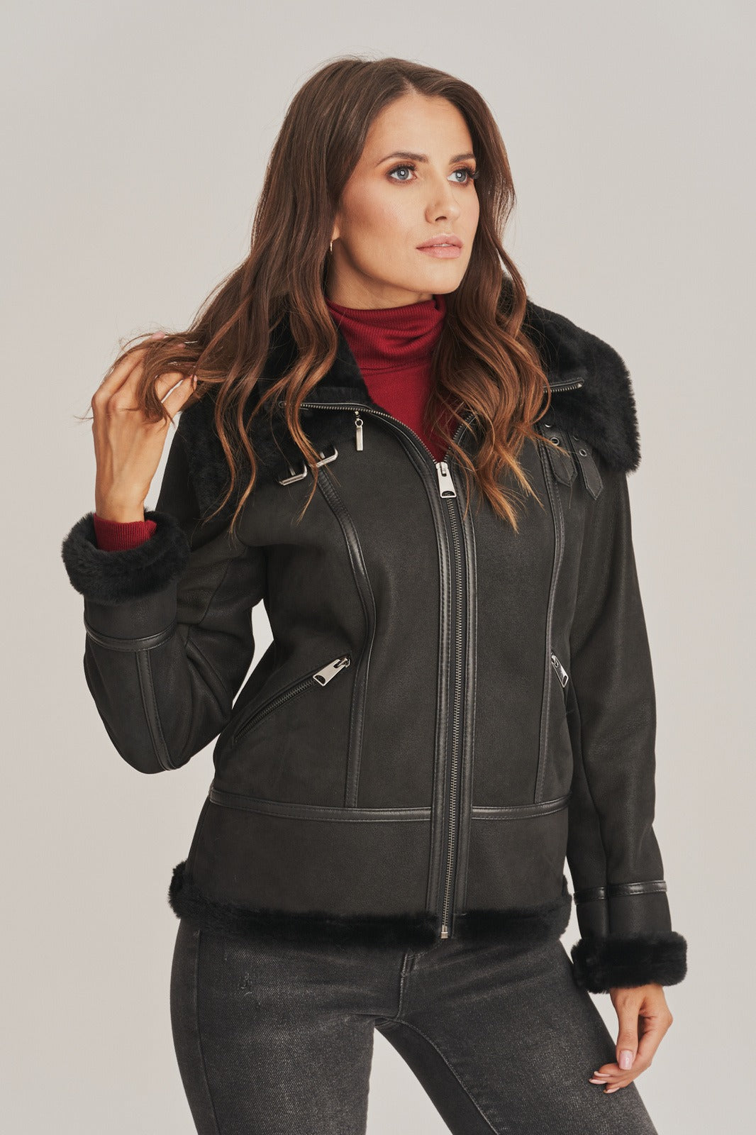 Women's Black Leather  Sheepskin  Shearling  Jacket