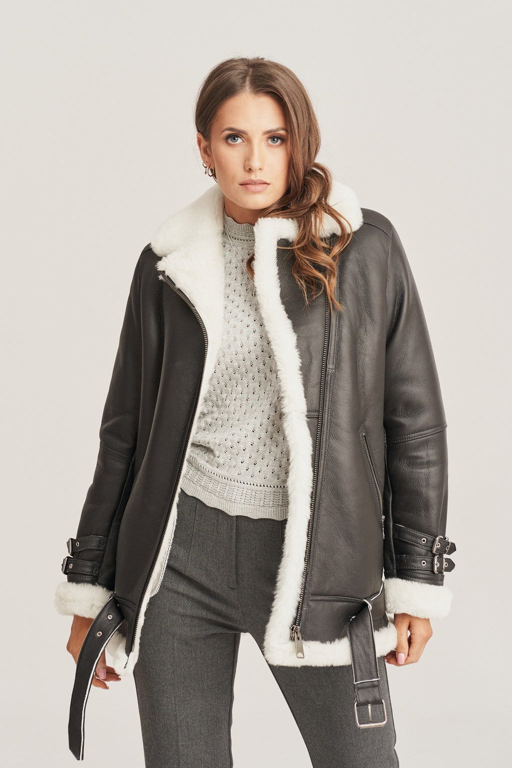 Women's Black Leather Sheepskin Shearling Jacket