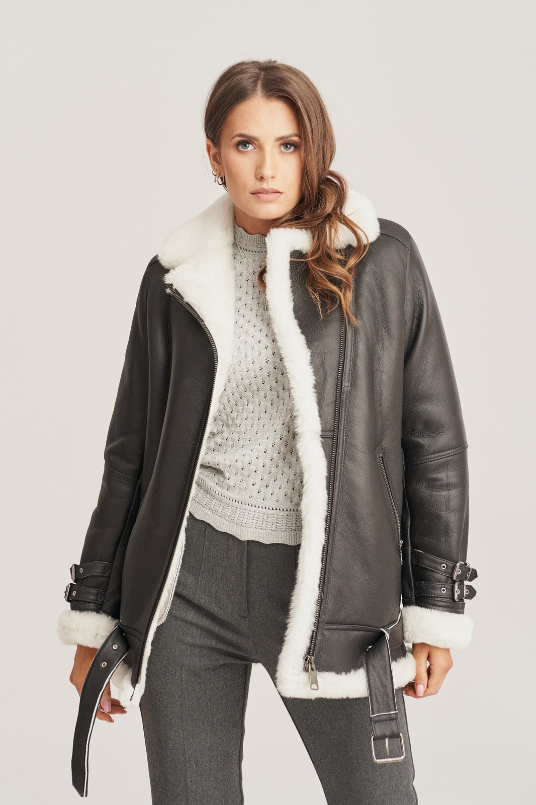 Women's Black Leather Sheepskin Shearling Jacket
