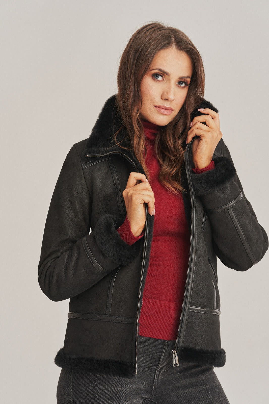 Women's Black Leather  Sheepskin  Shearling  Jacket