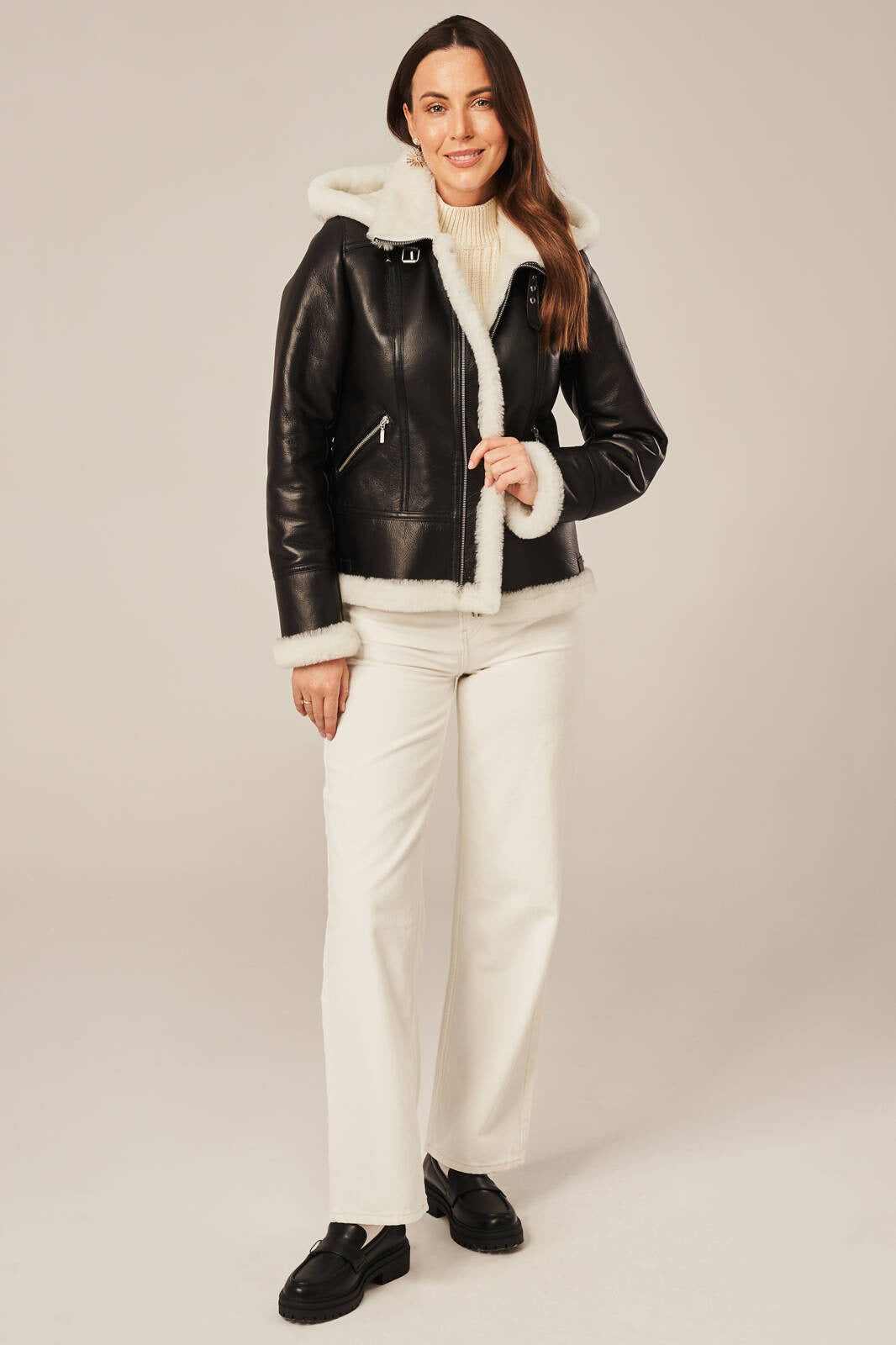 Women's Black Leather Sheepskin Shearling Jacket