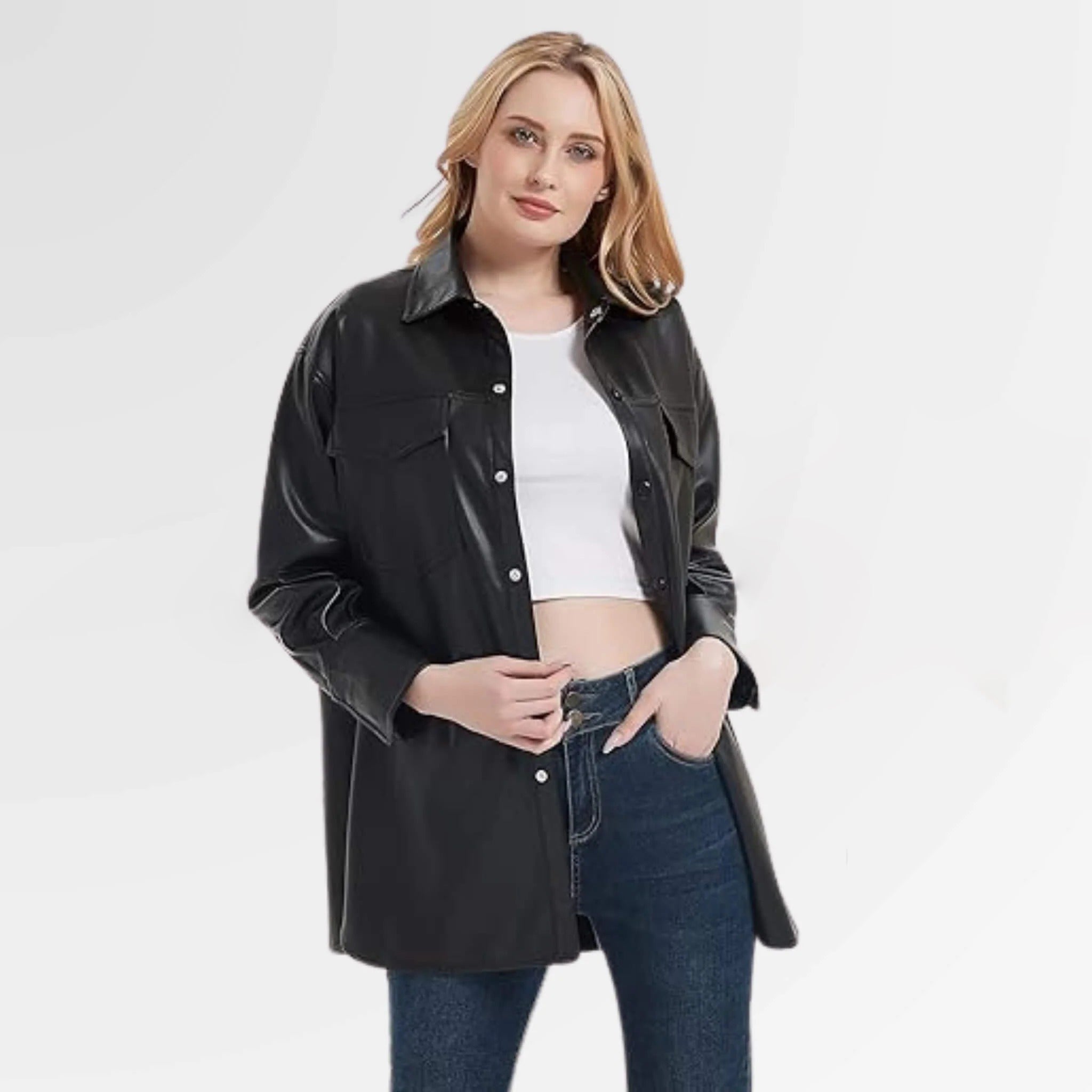 Women's Black Long Lambskin Leather Shirt