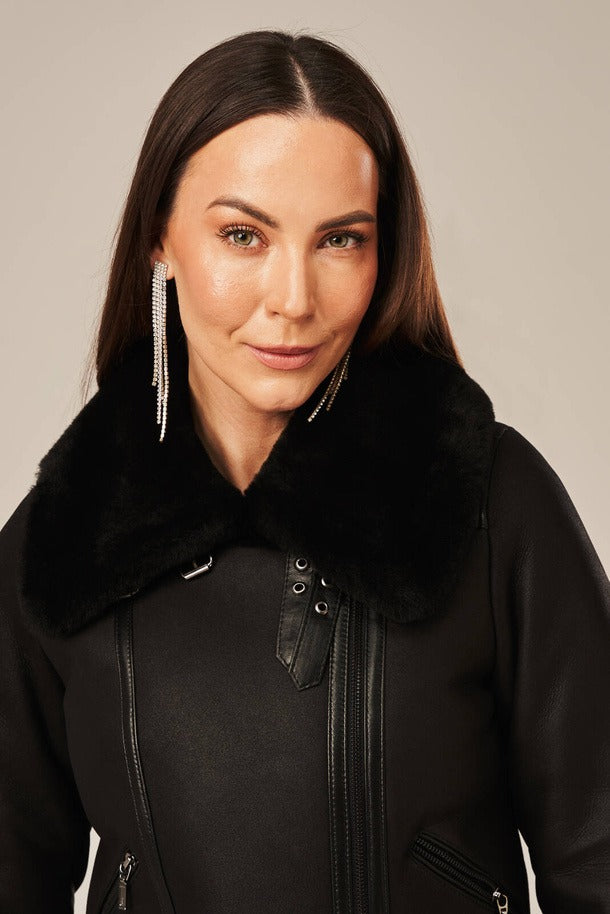 Women's Black Leather Sheepskin Shearling Jacket