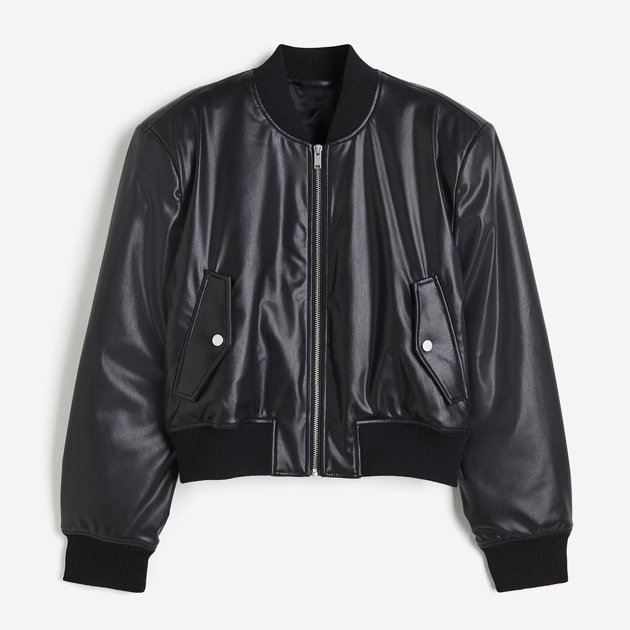 Women's Black Loose Fitted Leather Bomber Jacket