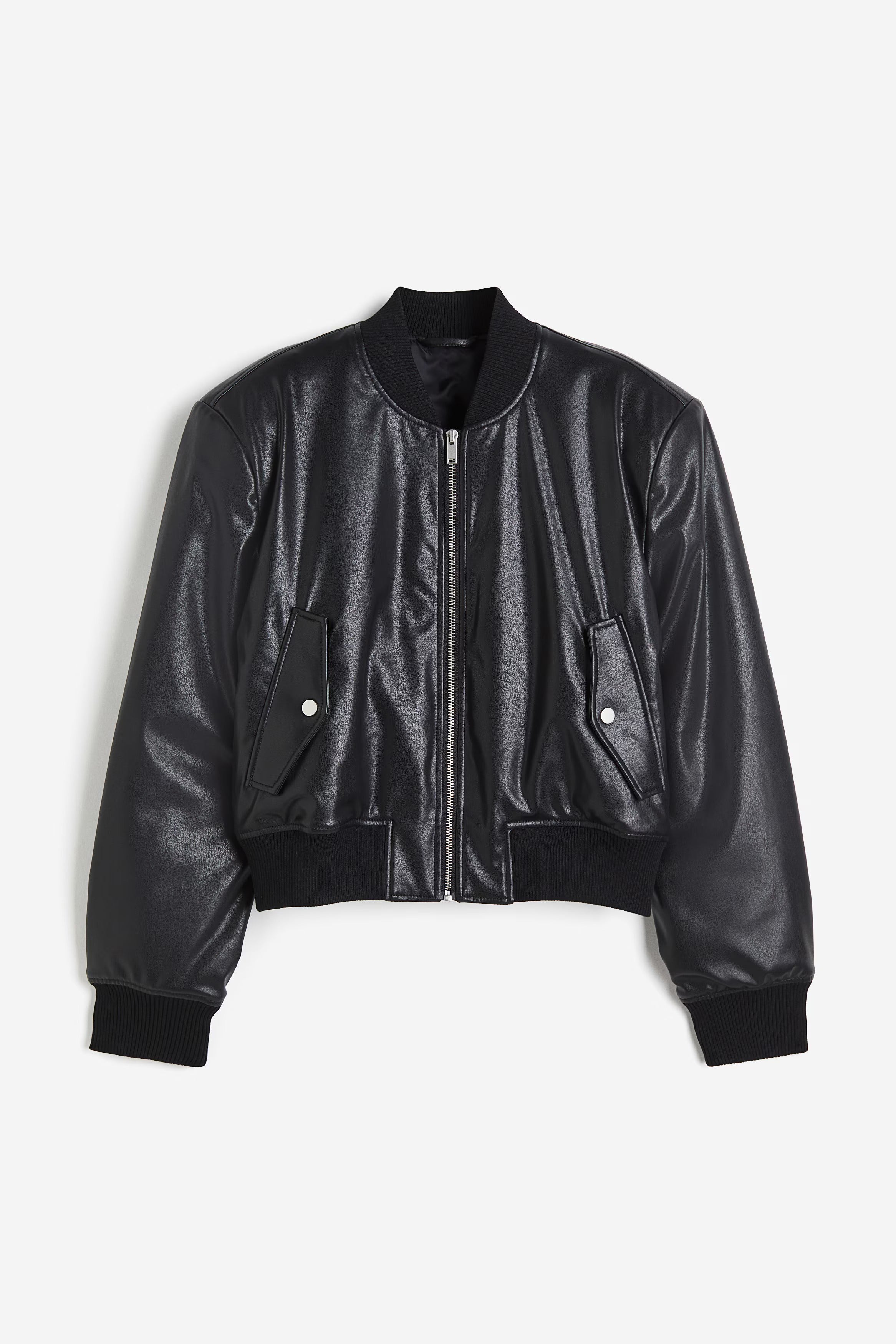 Women's Black Loose Fitted Leather Bomber Jacket