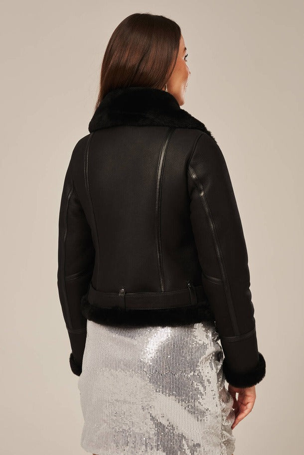 Women's Black Leather Sheepskin Shearling Jacket