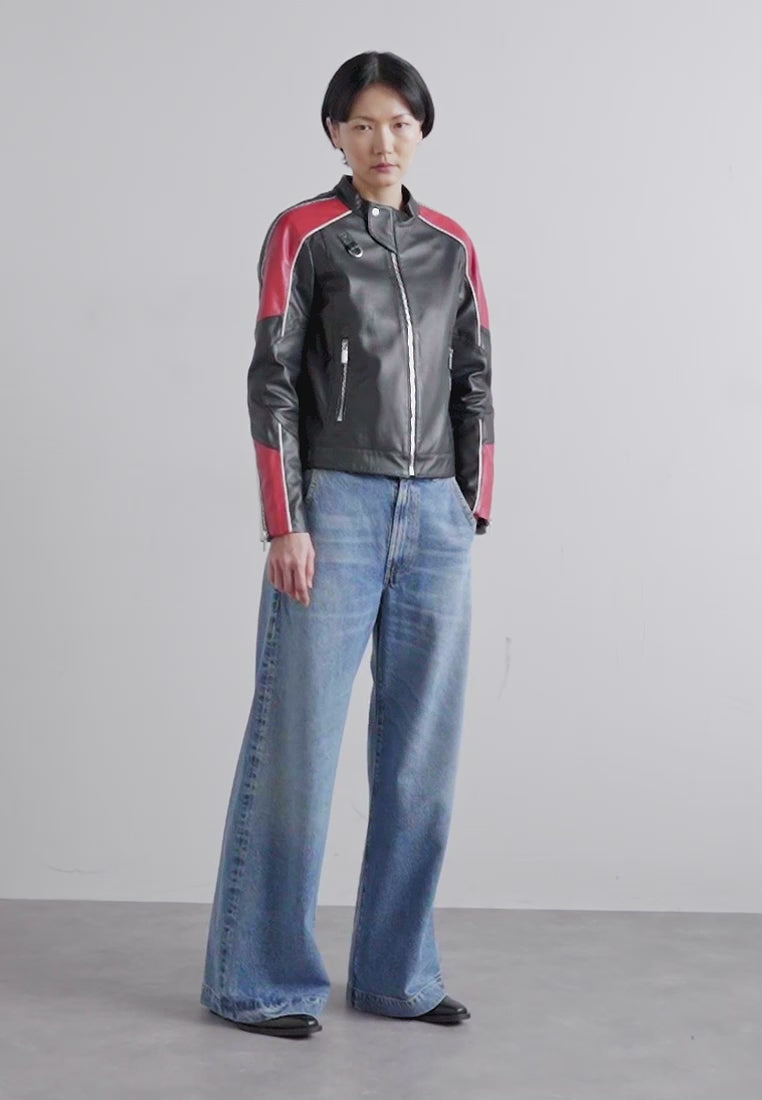 Women Moto Leather Biker Jacket Multicolor Shoulder Stripes