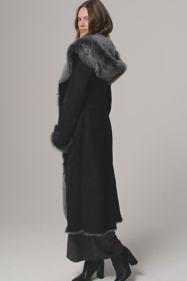 Women's Black Hooded Toscana Fur & Shearling Leather Coat
